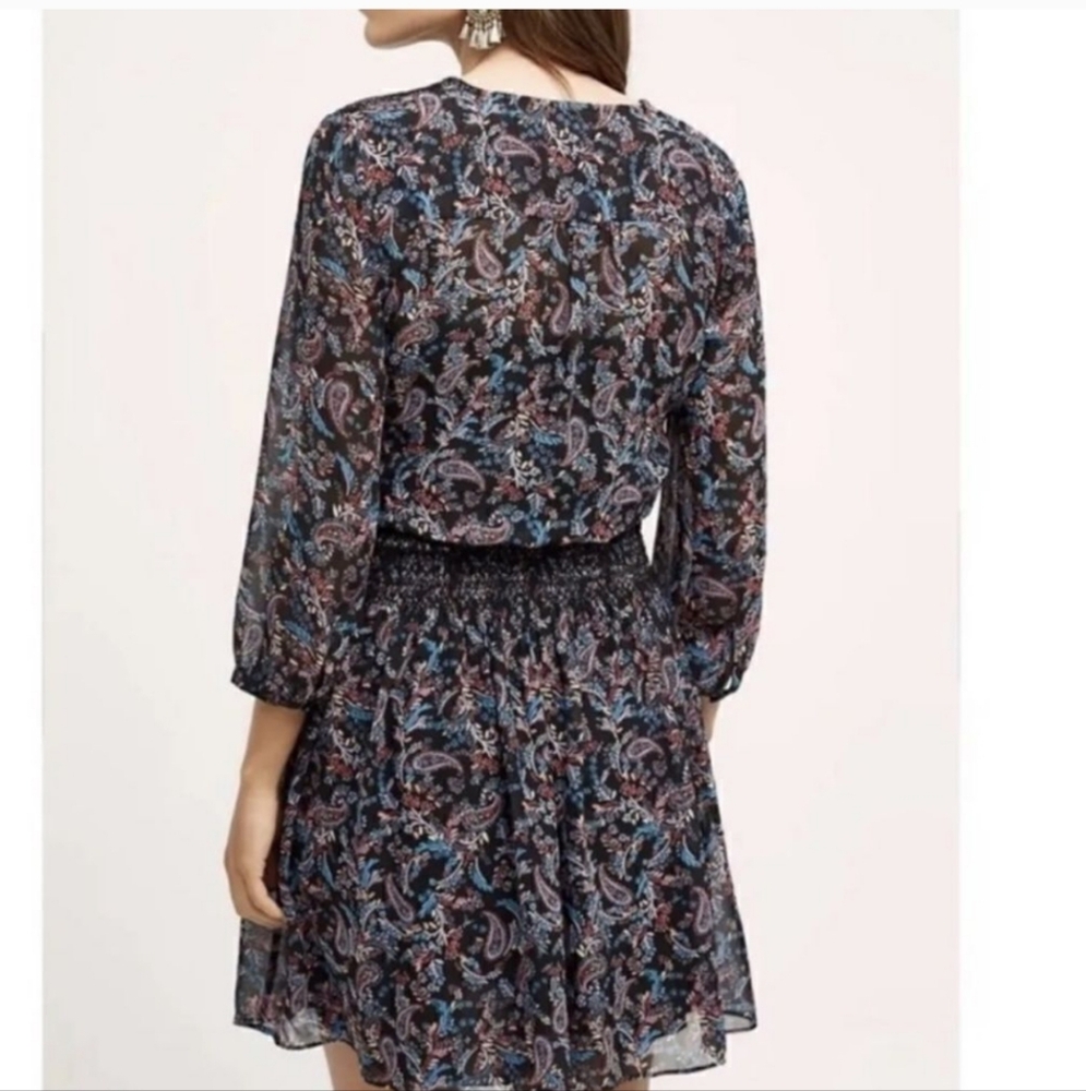 Anthro Vanessa Virginia Daytripper V Neck Paisley Smocked Waist Black Medium - Picture 2 of 6